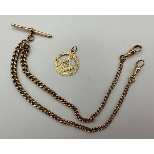 473 - A 9ct gold fob watch chain and a 9ct gold medallion. Total weight 30.5gms.