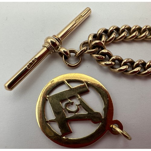 473 - A 9ct gold fob watch chain and a 9ct gold medallion. Total weight 30.5gms.