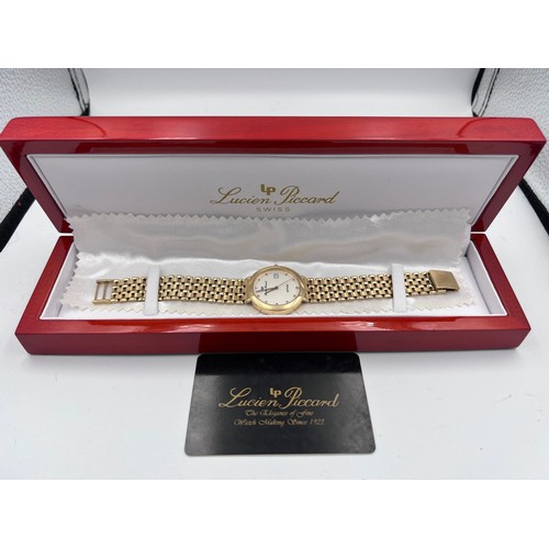 640 - A 14 carat Lucien Piccard watch on 14 carat gold bracelet. Case: 33mm. Back of case stamped 14K 0.58... 