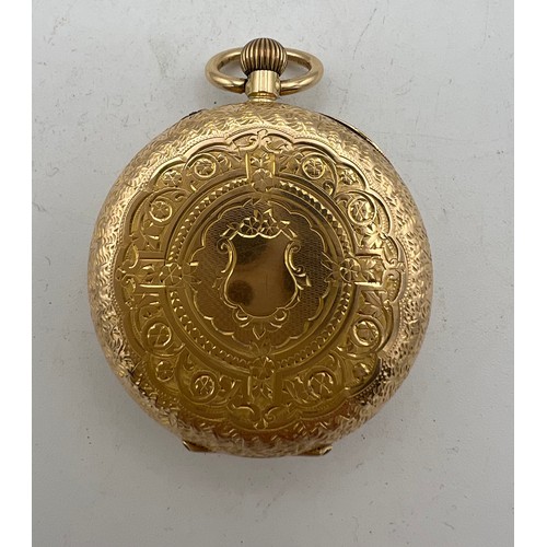 495 - A 14 carat gold cased pocket watch, gilt dial with Roman numerals. Stamped K14 with Squirrel hallmar... 