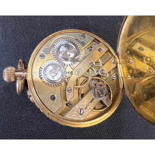 495 - A 14 carat gold cased pocket watch, gilt dial with Roman numerals. Stamped K14 with Squirrel hallmar... 