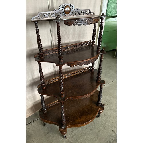 165 - A 19thC burr walnut whatnot with twist supports on castors. 127.5cm h x 87 w x 41 d.