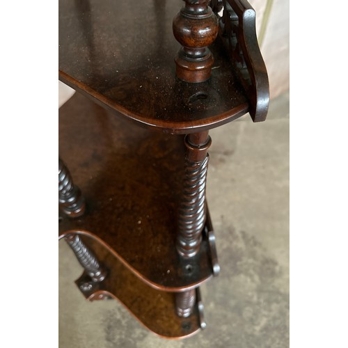 165 - A 19thC burr walnut whatnot with twist supports on castors. 127.5cm h x 87 w x 41 d.