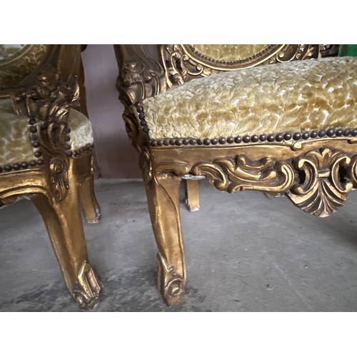 170 - A pair of ornately carved gilt upholstered open armchairs. 118cm h x 70 w x 63 d.