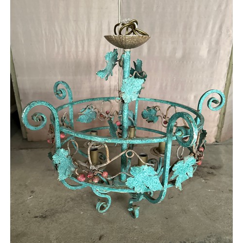 766 - Metal chandelier with vine leaf decoration. 56cm h to top of fitting.