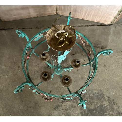 766 - Metal chandelier with vine leaf decoration. 56cm h to top of fitting.