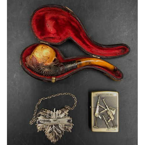 1271 - A miscellaneous lot to include a meerschaum pipe, silver hallmarked port label 12gms  and a medal of... 