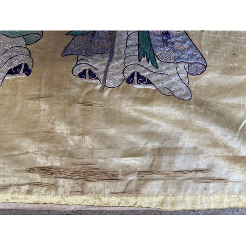 877 - Chinese embroideries to include good quality silk embroidery of group of three gentlemen 128 x 58cm,... 