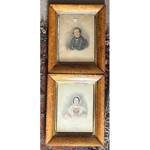 1320A - A pair of mid 19thC watercolour portraits in burr maple frames of a gentleman and lady. Sight size 3... 