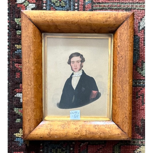 1320E - A 19thC watercolour portrait of a Gentleman in burr maple frame 15 x 12.