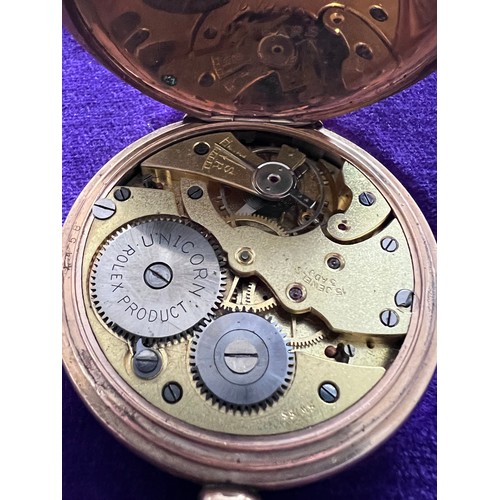 492 - A gold plated half hunter Unicorn James Walker limited Swiss made pocket watch with fitted case. Uni... 