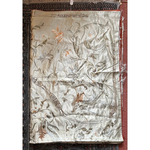 1064 - A large good quality Chinese silk embroidered panel with orange silk lining. Approx. 218 x 308cm.