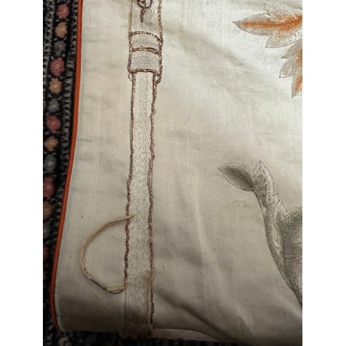 1064 - A large good quality Chinese silk embroidered panel with orange silk lining. Approx. 218 x 308cm.