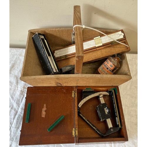 1252 - Various vintage tools to include Clinometer, slide rule, Otis Kings calculator, ink bottle etc.