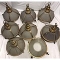 Seven large original hanging Holophane lights with galvanised brass fittings and hanging chains. 37c... 