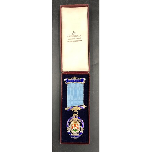 14 - A cameo brooch along with a hallmarked silver masonic founders medal for St. Quentin's lodge.