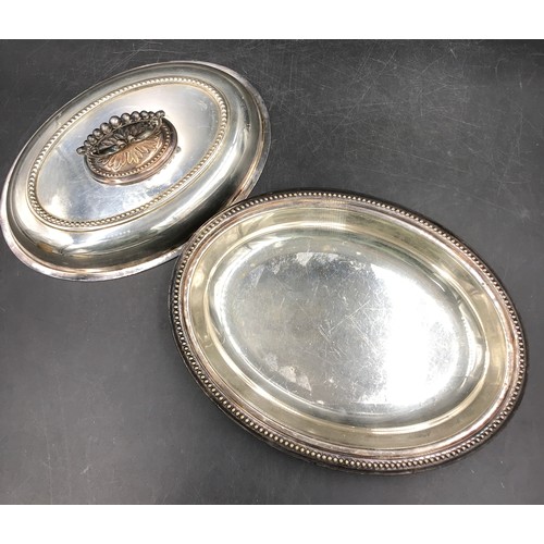 15 - A boxed pair of silverplate berry spoons, lidded tureen and a horn beaker with white metal collar.