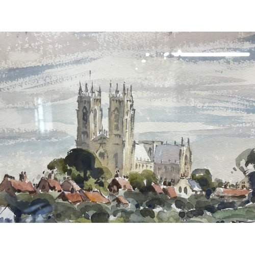 30 - A framed watercolour of Beverley Minster signed Armstrong lower right. Image size 36 x 41cm.