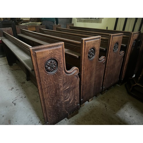 139 - A 19thC oak pew with floral roundel to one end by Sir George Gilbert Scott. 244 L x 96h x 52cm d.

P... 