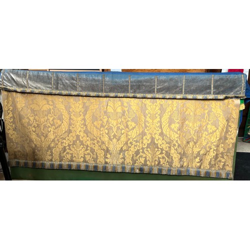 154 - A gold altar frontal with blue cotton and velvet top. 190 x 85cm.