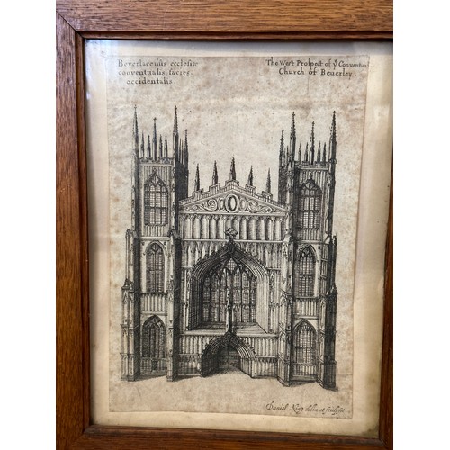 109 - Two 17thC etchings of Beverley Minster in matching oak frames by Daniel King. Presented to the Vicar... 