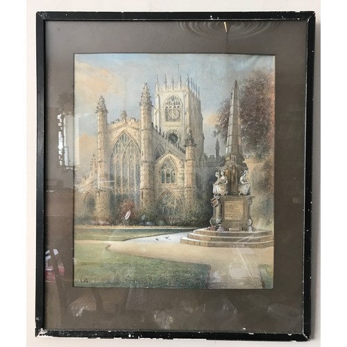 115 - Watercolour of St Mary's Church, Beverley by A E King in a black frame.