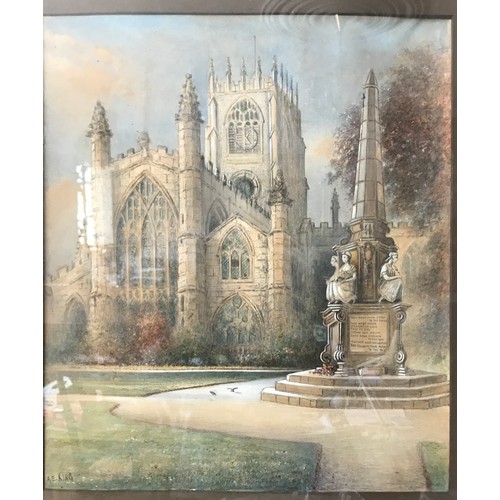 115 - Watercolour of St Mary's Church, Beverley by A E King in a black frame.