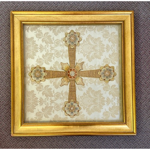 100 - Ecclesiastical embroidery with goldwork and silk work 58 x 58cm.