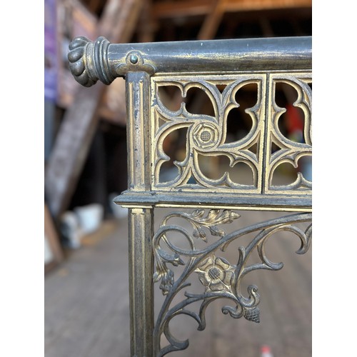 177 - Two brass alter rail ends ex Beverley Minster (missing one section) total length 161cm x 88cm and 78... 