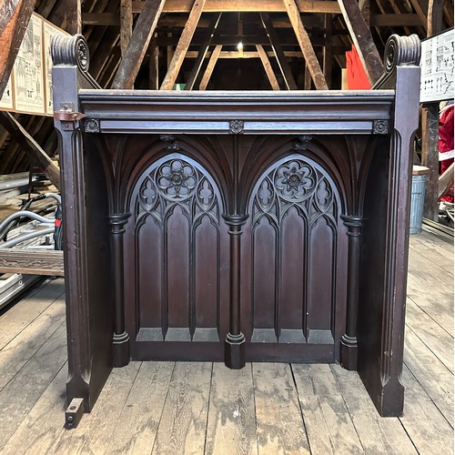 165 - The vicar’s stall ex Beverley Minster,  heavily carved in oak with gothic arches and Yorkshire rose,... 