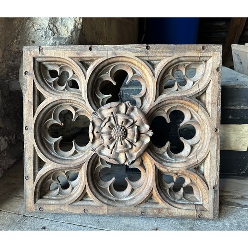 169 - Carved oak panel with Yorkshire rose to centre, ex Beverley Minster. 58.5 x 51cm.