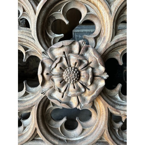 169 - Carved oak panel with Yorkshire rose to centre, ex Beverley Minster. 58.5 x 51cm.