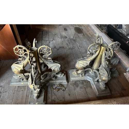 176 - Two very good quality 19thC ornate brass gas light fittings, the base surrounded by four sea wyverns... 