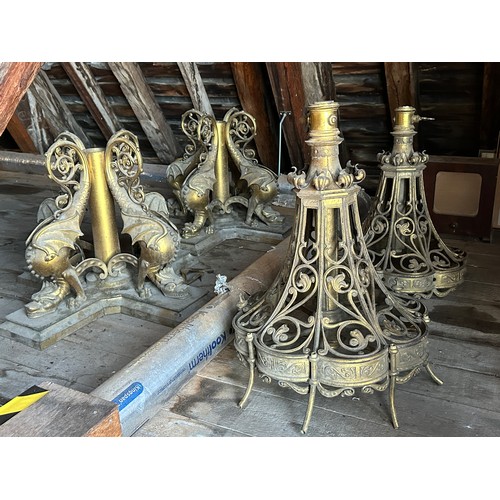 176 - Two very good quality 19thC ornate brass gas light fittings, the base surrounded by four sea wyverns... 