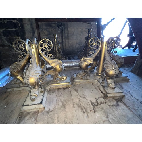 176 - Two very good quality 19thC ornate brass gas light fittings, the base surrounded by four sea wyverns... 