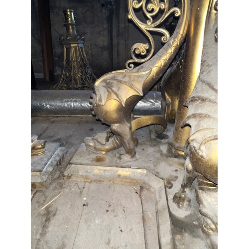 176 - Two very good quality 19thC ornate brass gas light fittings, the base surrounded by four sea wyverns... 