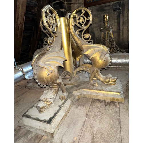 176 - Two very good quality 19thC ornate brass gas light fittings, the base surrounded by four sea wyverns... 