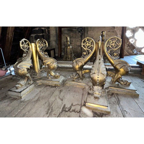 176 - Two very good quality 19thC ornate brass gas light fittings, the base surrounded by four sea wyverns... 