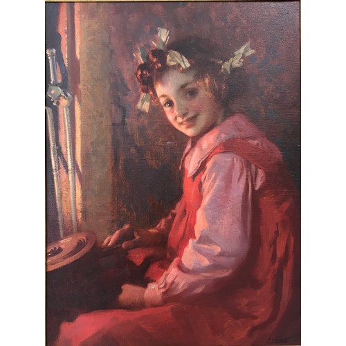 51 - James Clark 19th/20th century oil on canvas entitled ''Firespirit'' a young girl seated at a firesid... 