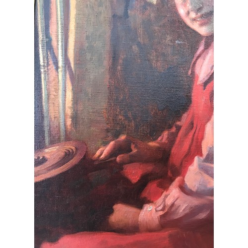 51 - James Clark 19th/20th century oil on canvas entitled ''Firespirit'' a young girl seated at a firesid... 