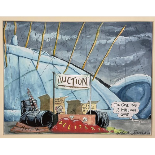 57 - Two original comedic drawings by Martin Rowson to include 'IRN-BLR' and 'Auction' both signed lower ... 