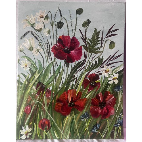 73 - Jane Quinn. Local artist. A painting on canvas of poppy's and other wild flowers. 45 x 35cm.