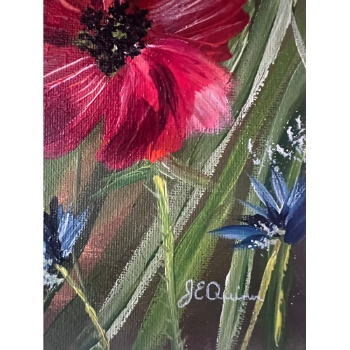 73 - Jane Quinn. Local artist. A painting on canvas of poppy's and other wild flowers. 45 x 35cm.