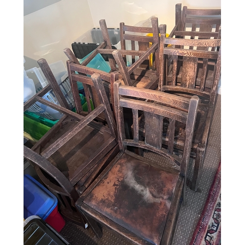 138 - Ten oak chairs with drop in leather seats. Ex St Mary's Church, Beverley.