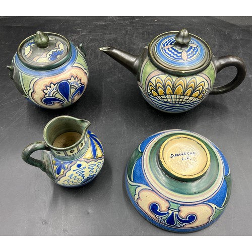 86 - Four pieces of vintage ceramics marked to base ‘ Damascus’, to include teapot, lidded sucrier, jug a... 