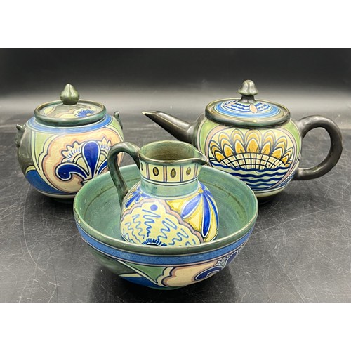 86 - Four pieces of vintage ceramics marked to base ‘ Damascus’, to include teapot, lidded sucrier, jug a... 