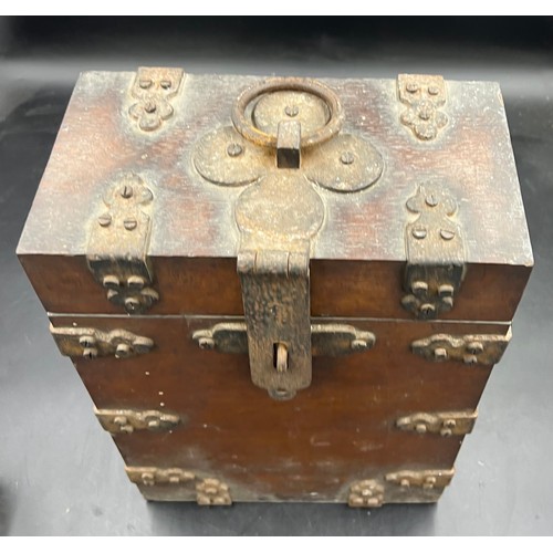 87 - A 19thC metal bound oak box to house bottles or decanters ex St Mary’s Church. 36cm h x 26 cm w x 14... 