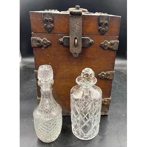 87 - A 19thC metal bound oak box to house bottles or decanters ex St Mary’s Church. 36cm h x 26 cm w x 14... 