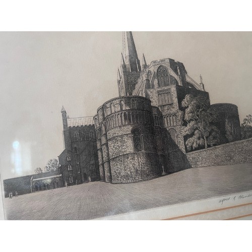 79B - A signed etching of Norwich Cathedral by Alfred Richard Blundell. Image size 23 x 27cm.