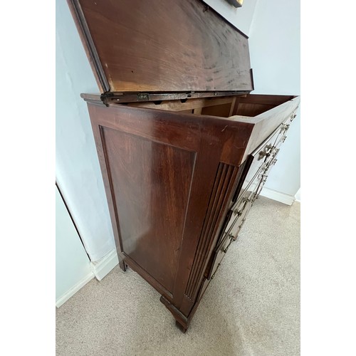 4 - A 19thC mahogany chest of 4 drawers with 4 dummy drawers and lift up lid with brass swan neck handle... 